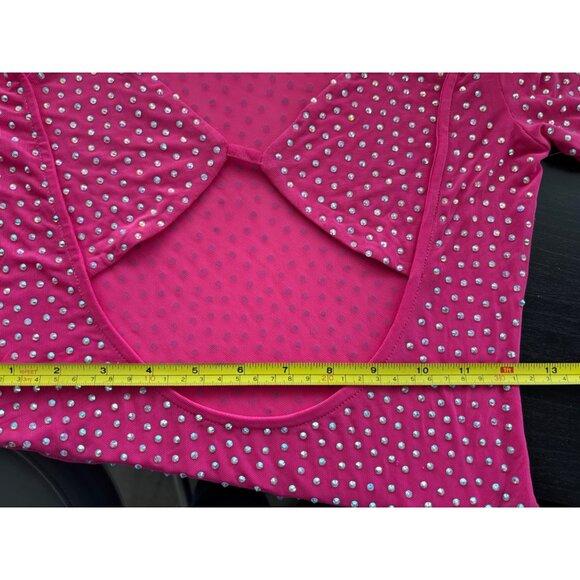 Hot Pink Rhinestone Long-Sleeve Sheer Bodysuit W/ Crisscross Halter Neck - Picture 3 of 4